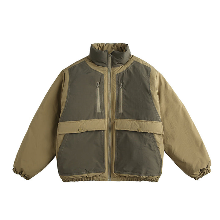 Unisex Boxy padded stand-up collar jacket with contrast panels, vertical chest zippers, and large flap pockets Amarae