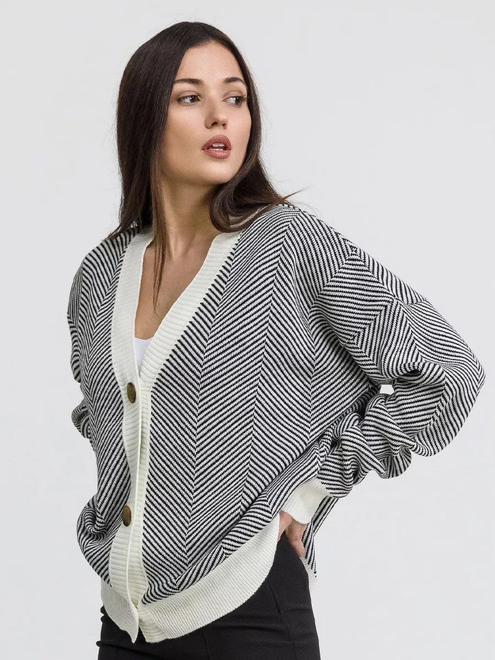 Knitted jacket for women with herringbone pattern and large button details Lune London