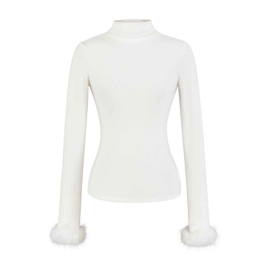 Women's Fitted Turtleneck Top with Faux Fur Cuffs Amarae