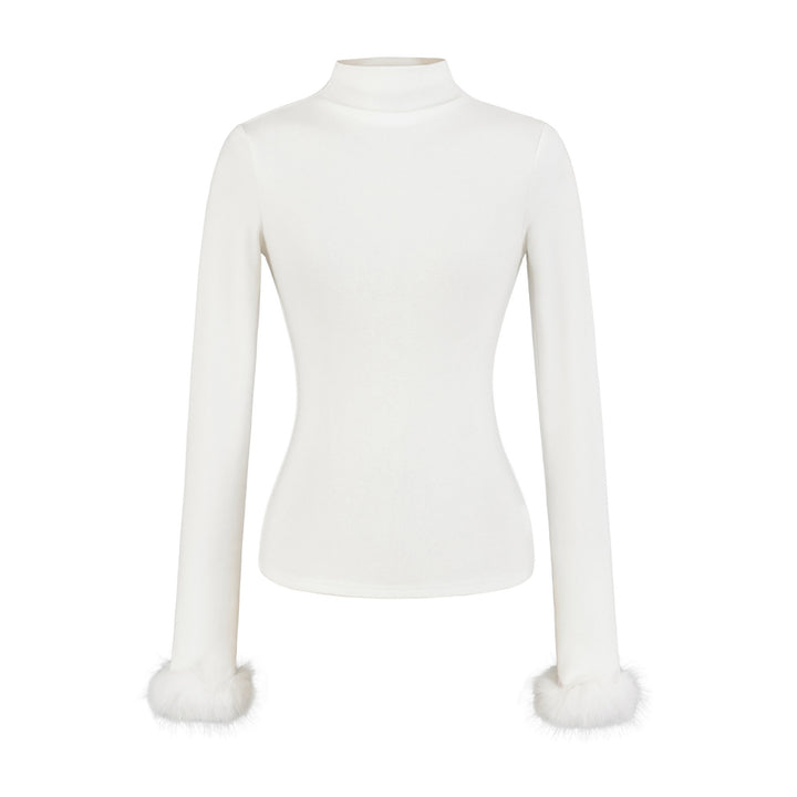 Women's Fitted Turtleneck Top with Faux Fur Cuffs Amarae