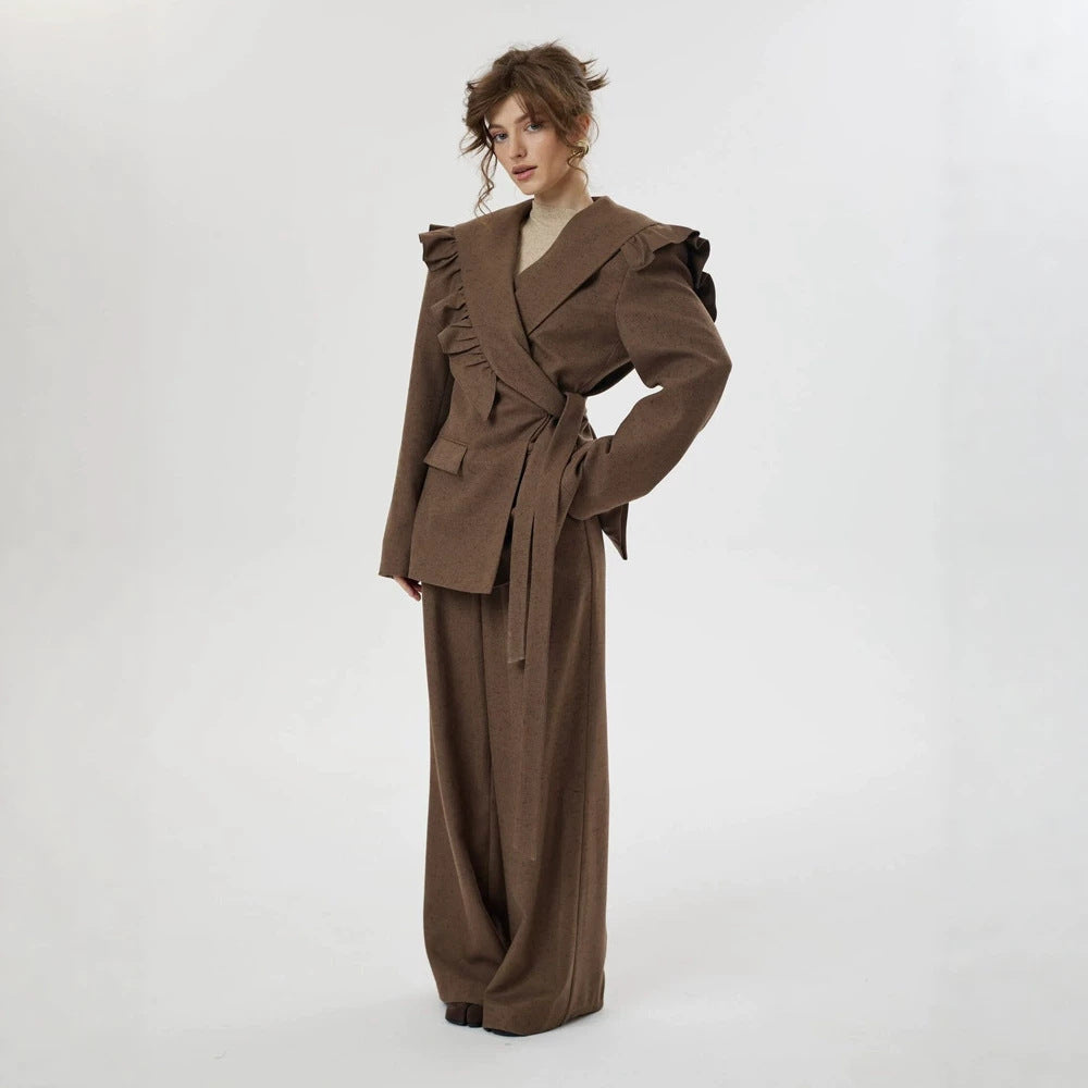 Women Two-Piece Oversized Blazer and Pants Set with Ruffled Shoulder and High Pleat Amarae