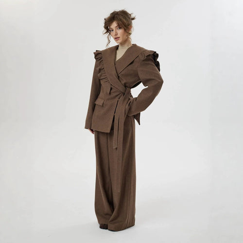 Women Two-Piece Oversized Blazer and Pants Set with Ruffled Shoulder and High Pleat Amarae