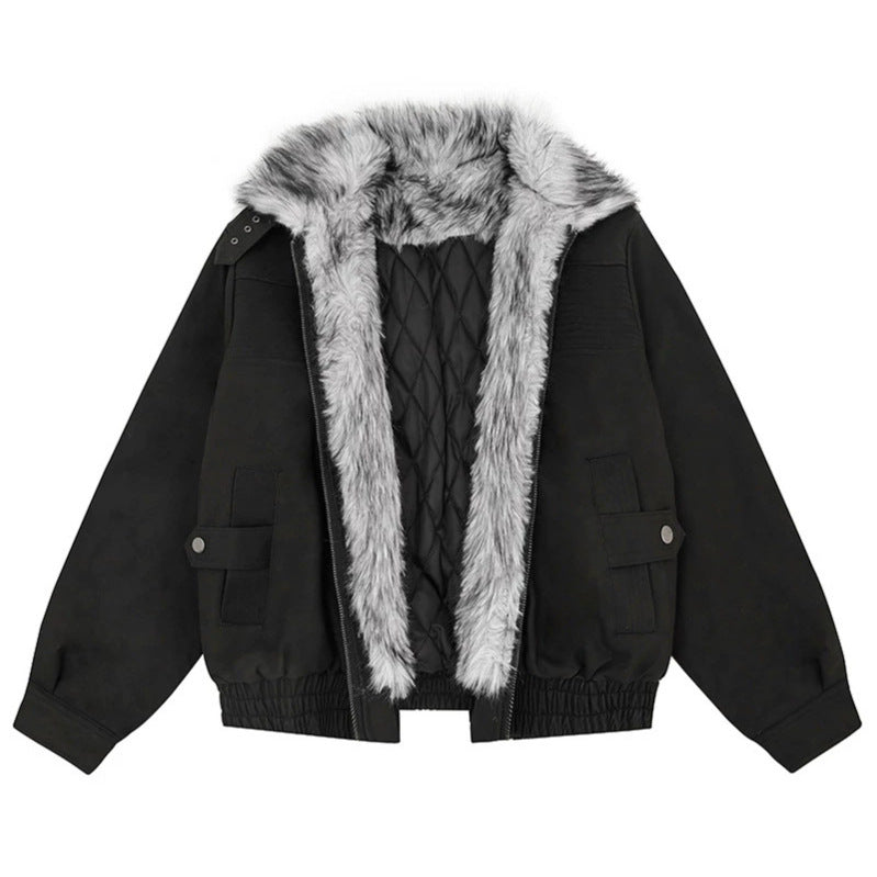 Women's Oversized Bomber Jacket with Faux Fur Collar and Elastic Hem Amarae