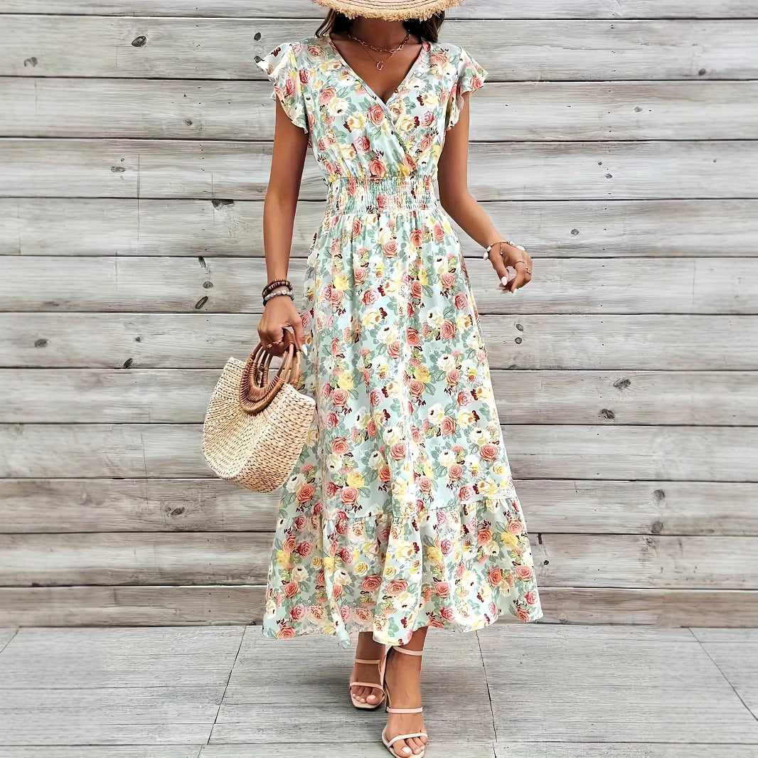 Maxi dress for women with floral design and casual V-neck Lune London