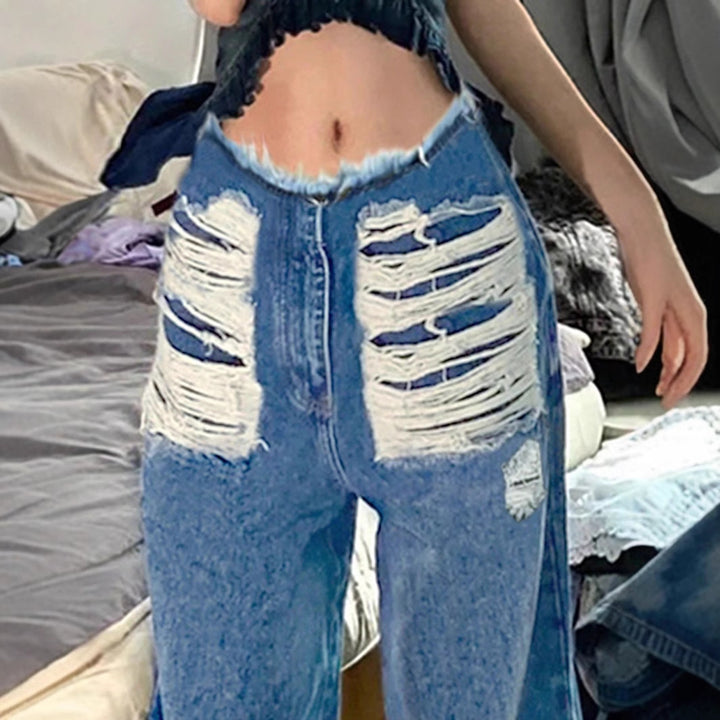 Women's high-cut wide denim jeans with heavily distressed front and raw waistband Amarae