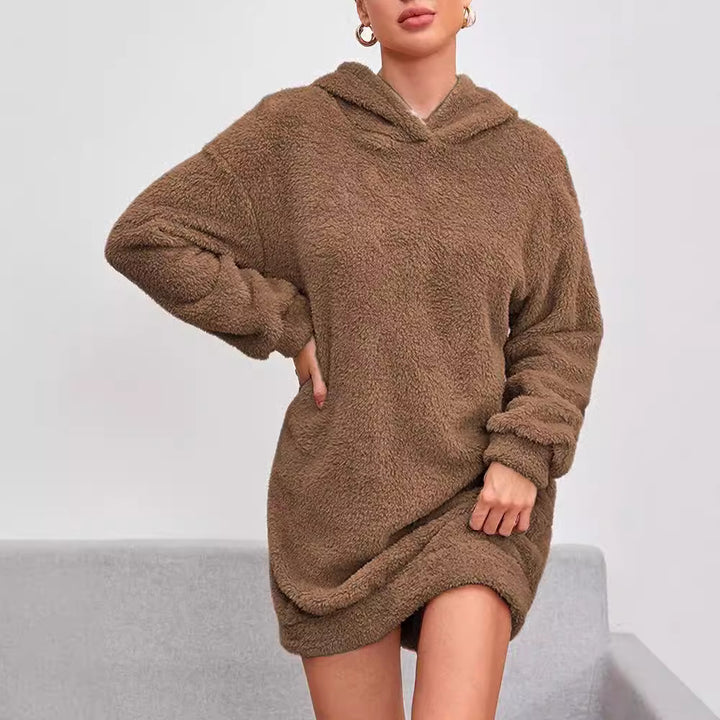 Fleece hoodie dress for women with hood and practical pockets Lune London