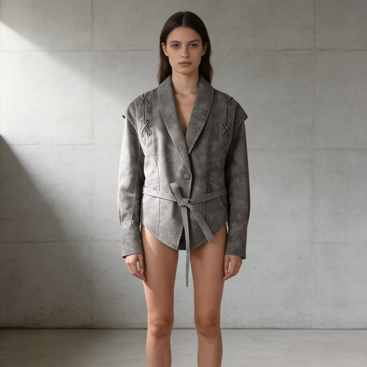 Women's Tailored Suede Blazer with Tie Belt and Lacing Detail Amarae