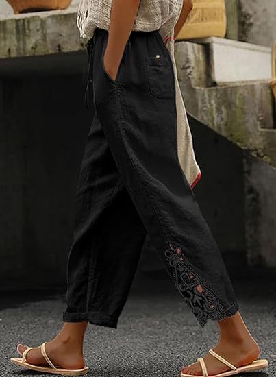 Airy linen trousers for ladies with decorative embroidery Lune London