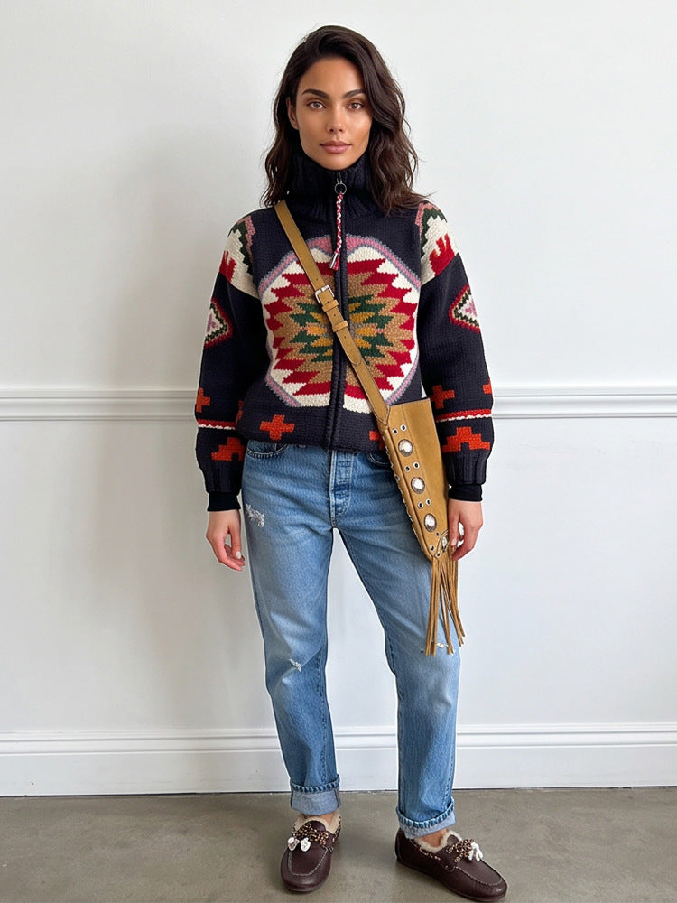 Women's Jacquard Cardigan with Navajo Pattern, Zipper and High Collar Amarae