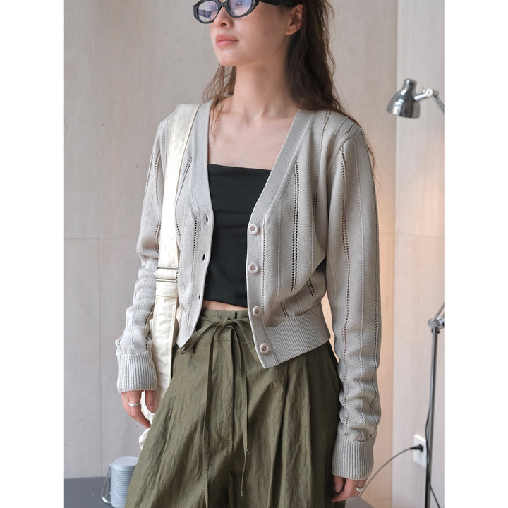 Women's Light Openwork Knit Cardigan with V-Neck and Tailored Ribbed Hem Amarae