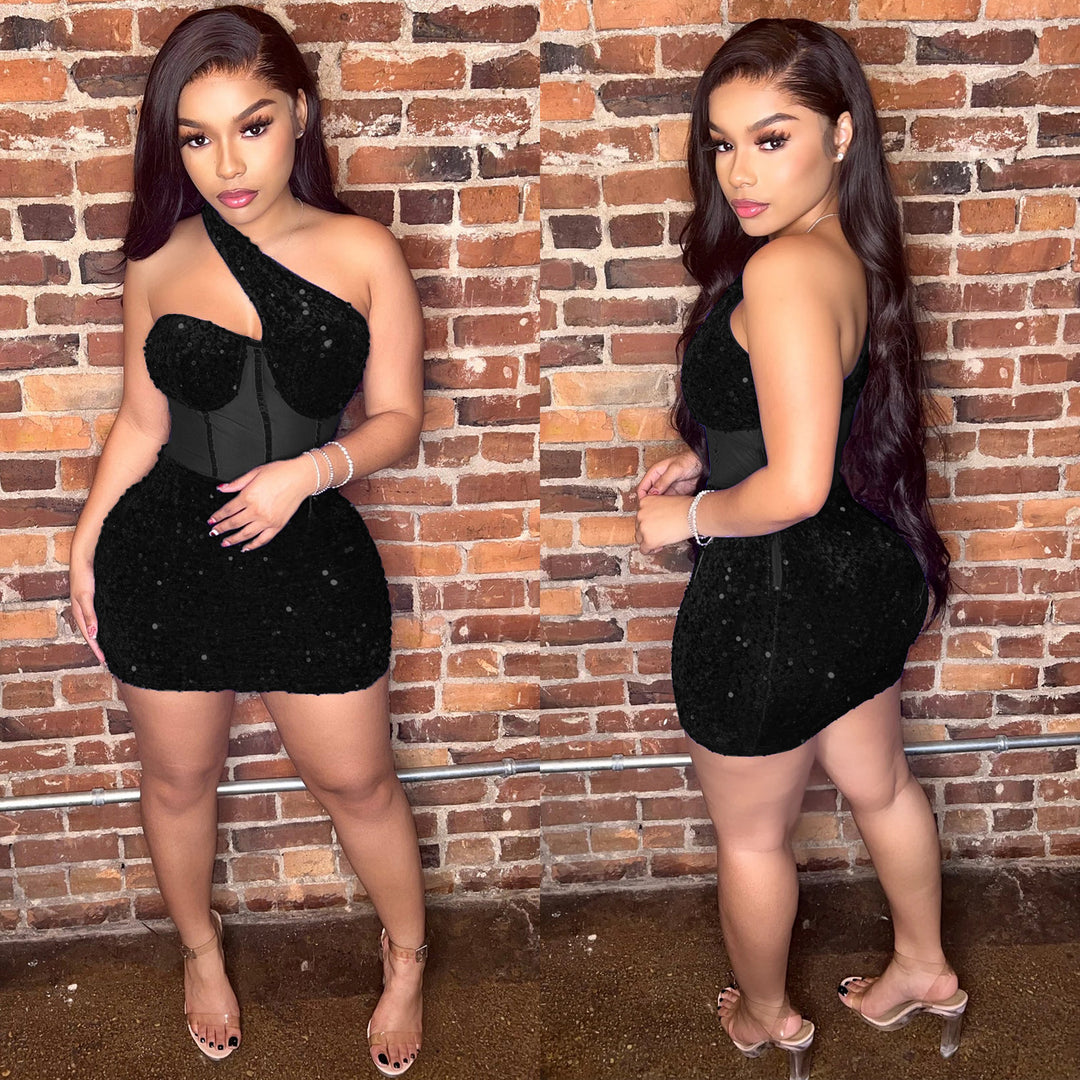 Lune London One-Shoulder Sparkly Bodycon Dress