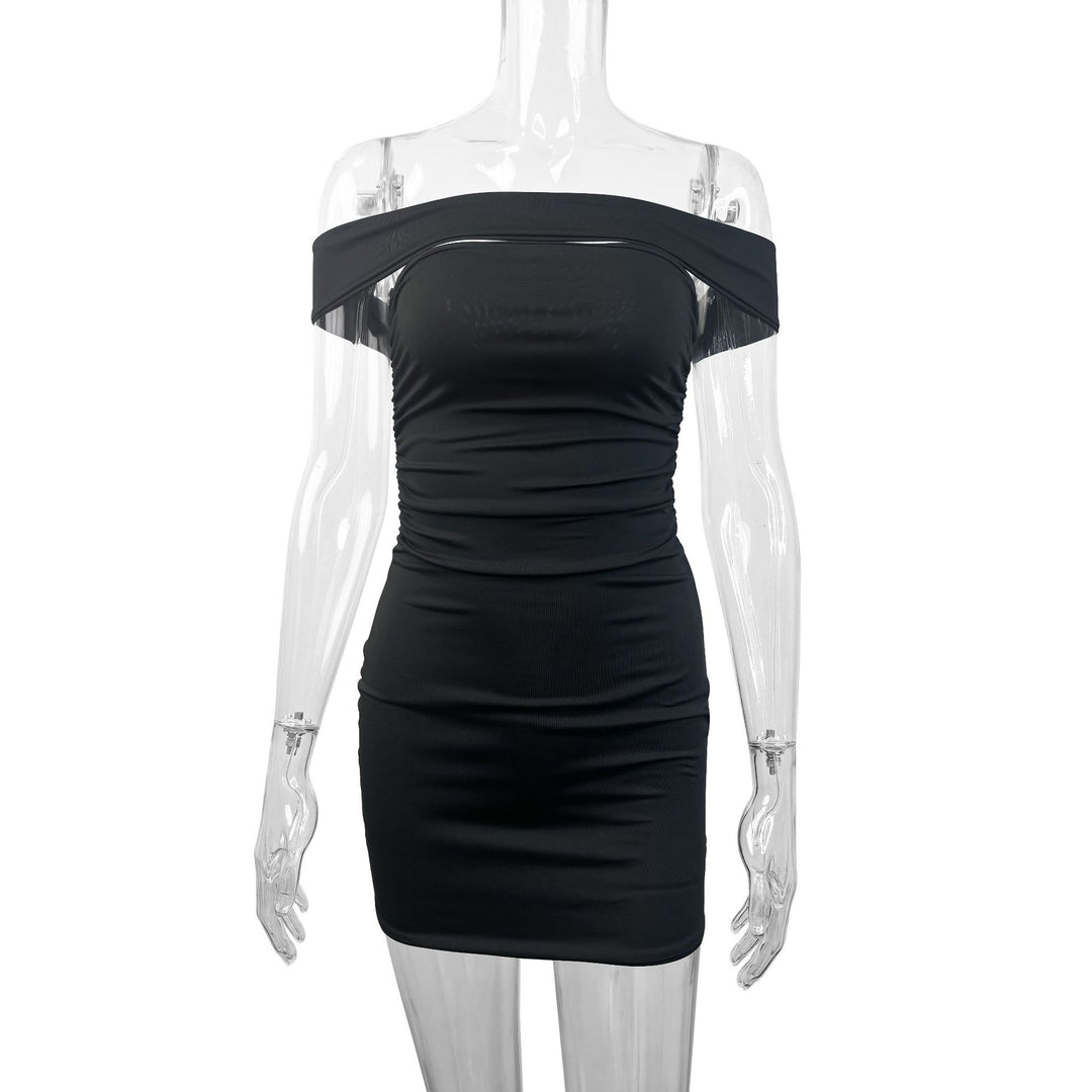 Women's figure-hugging wrap dress with off-the-shoulder design and ruching Lune London