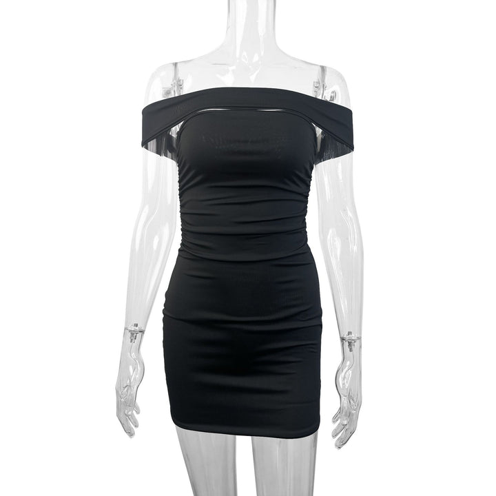 Women's figure-hugging wrap dress with off-the-shoulder design and ruching Lune London