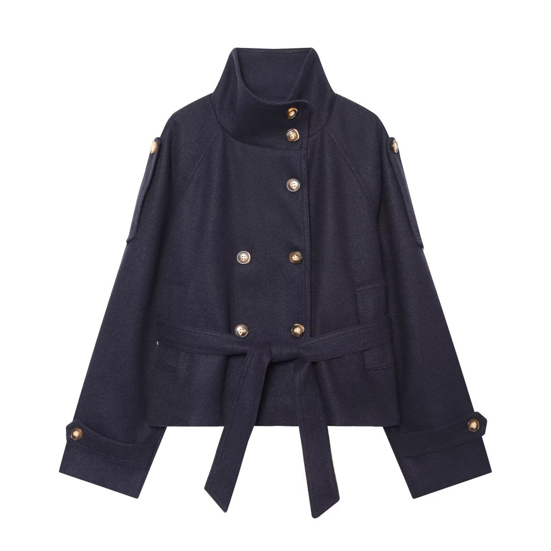 Women Short Double-Breasted Wool Blend Cape Jacket with Stand Collar and Waist Belt Amarae