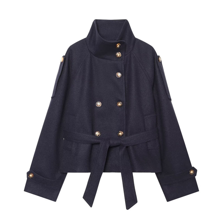 Women Short Double-Breasted Wool Blend Cape Jacket with Stand Collar and Waist Belt Amarae