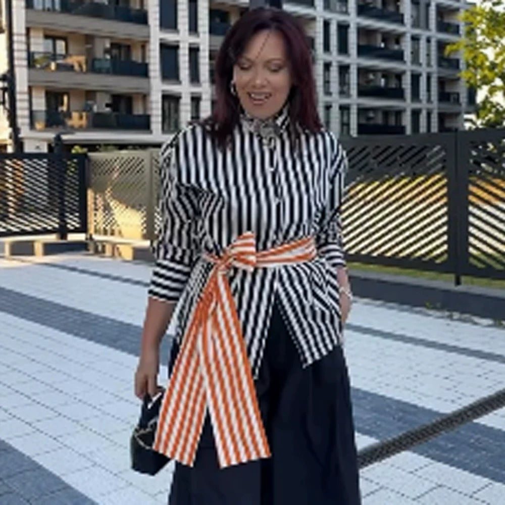 Women Vertical Striped Oversize Shirt Blouse with Boxy Silhouette and Tie Belt Amarae