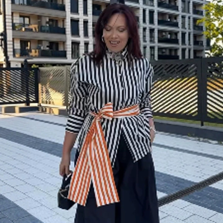 Women Vertical Striped Oversize Shirt Blouse with Boxy Silhouette and Tie Belt Amarae