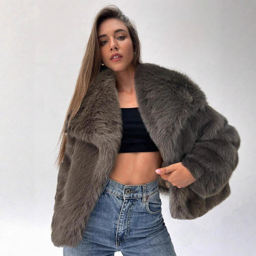 Women Cropped Faux Fur Jacket with Puffy Sleeves Amarae