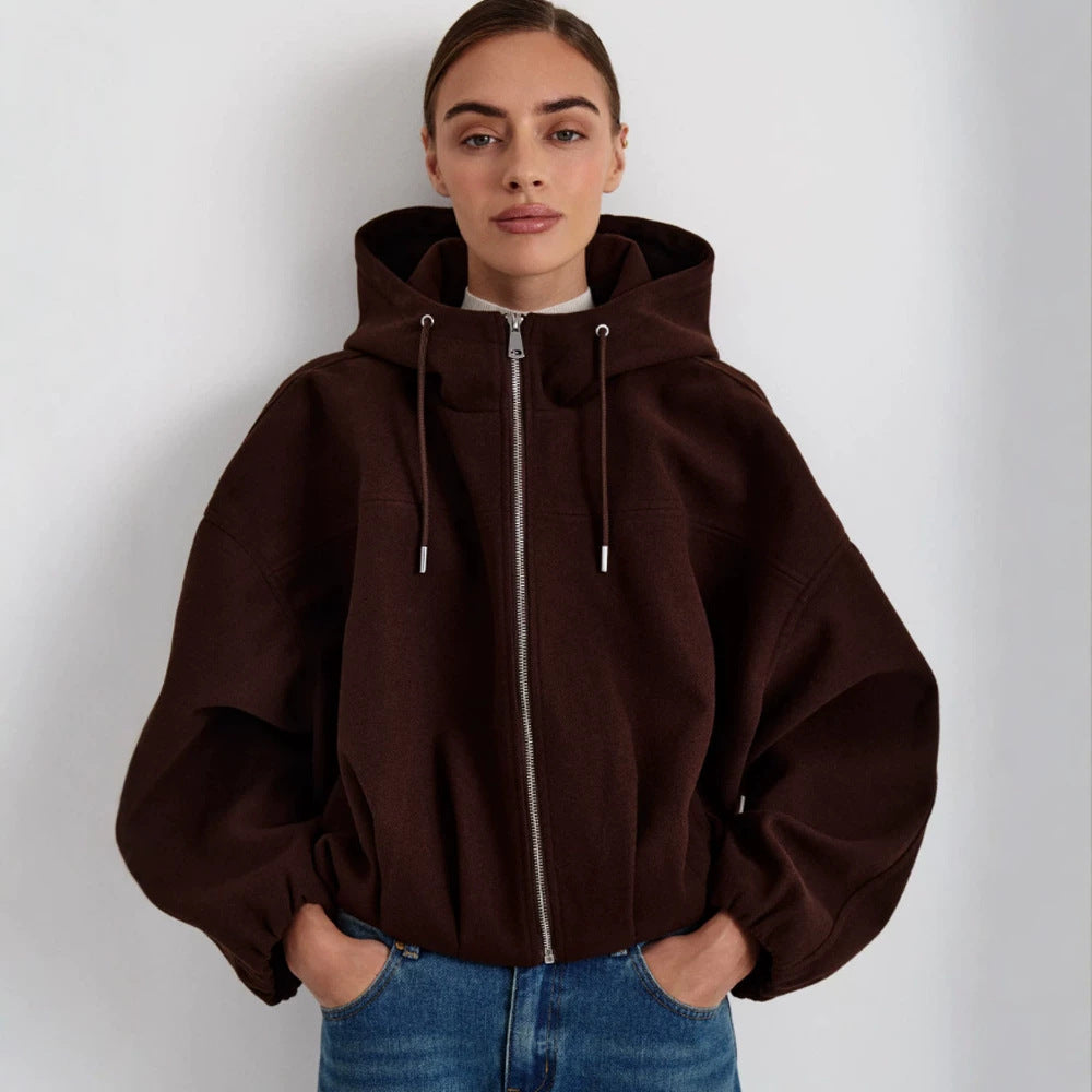 Women’s short jacket made of wool blend with hood, boxy silhouette & gathered hem Amarae