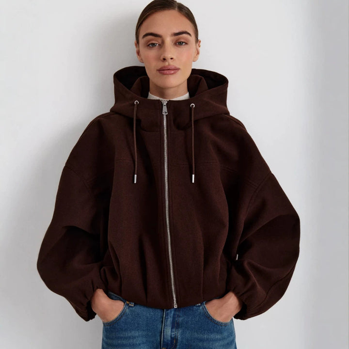 Women’s short jacket made of wool blend with hood, boxy silhouette & gathered hem Amarae