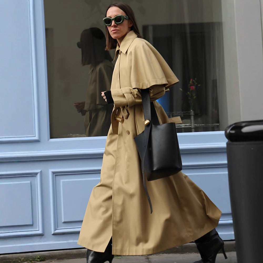 Ladies Long Trench Coat with Capelet, Waist Belt and Raglan Sleeves Amarae