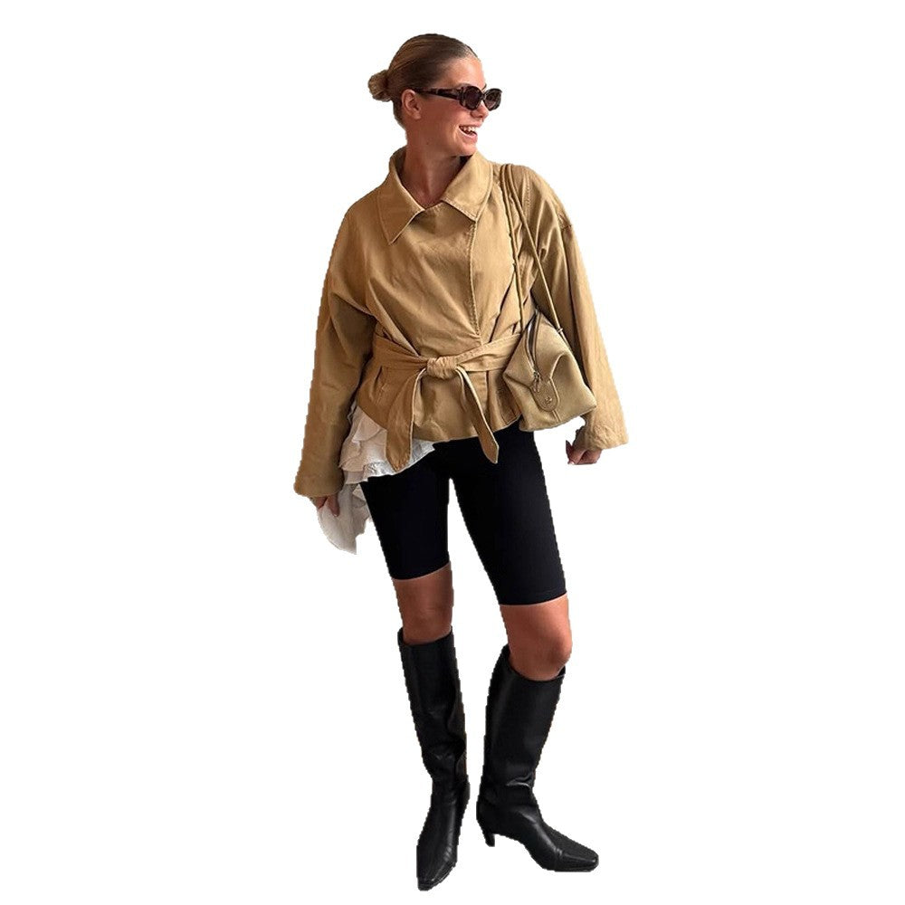 Women's Short Tailored Canvas Jacket with Tied Belt and Dropped Shoulders Amarae