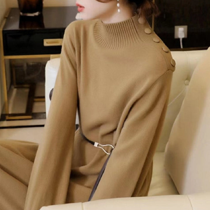 Ladies Elegant maxi knit dress with high collar and decorative buttons Lune London