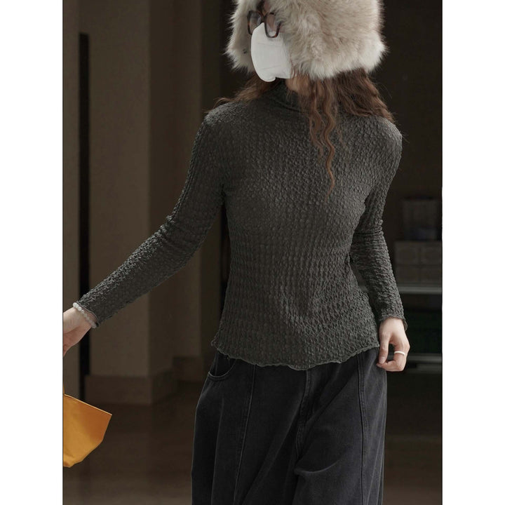 Women's Fitted Crinkle Long Sleeve with Stand Collar and Textured Surface Amarae