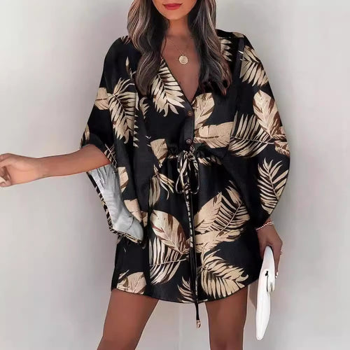 Shirt dress women with floral design and V-neck Amarae