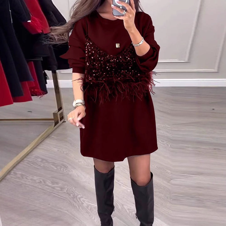 Trendy sweatshirt dress for ladies with sequins and feather detail Lune London
