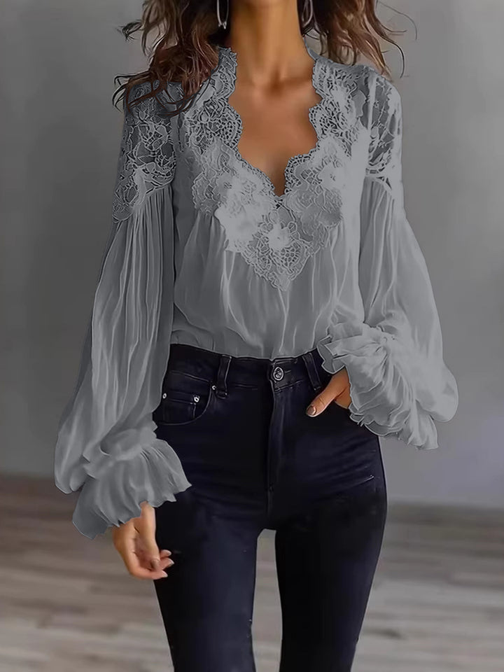 Women's Flowing Blouse with Lace Applications and Long Ruffle Sleeves Lune London
