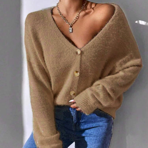 Ladies fluffy knit cardigan with golden buttons and relaxed fit Amarae