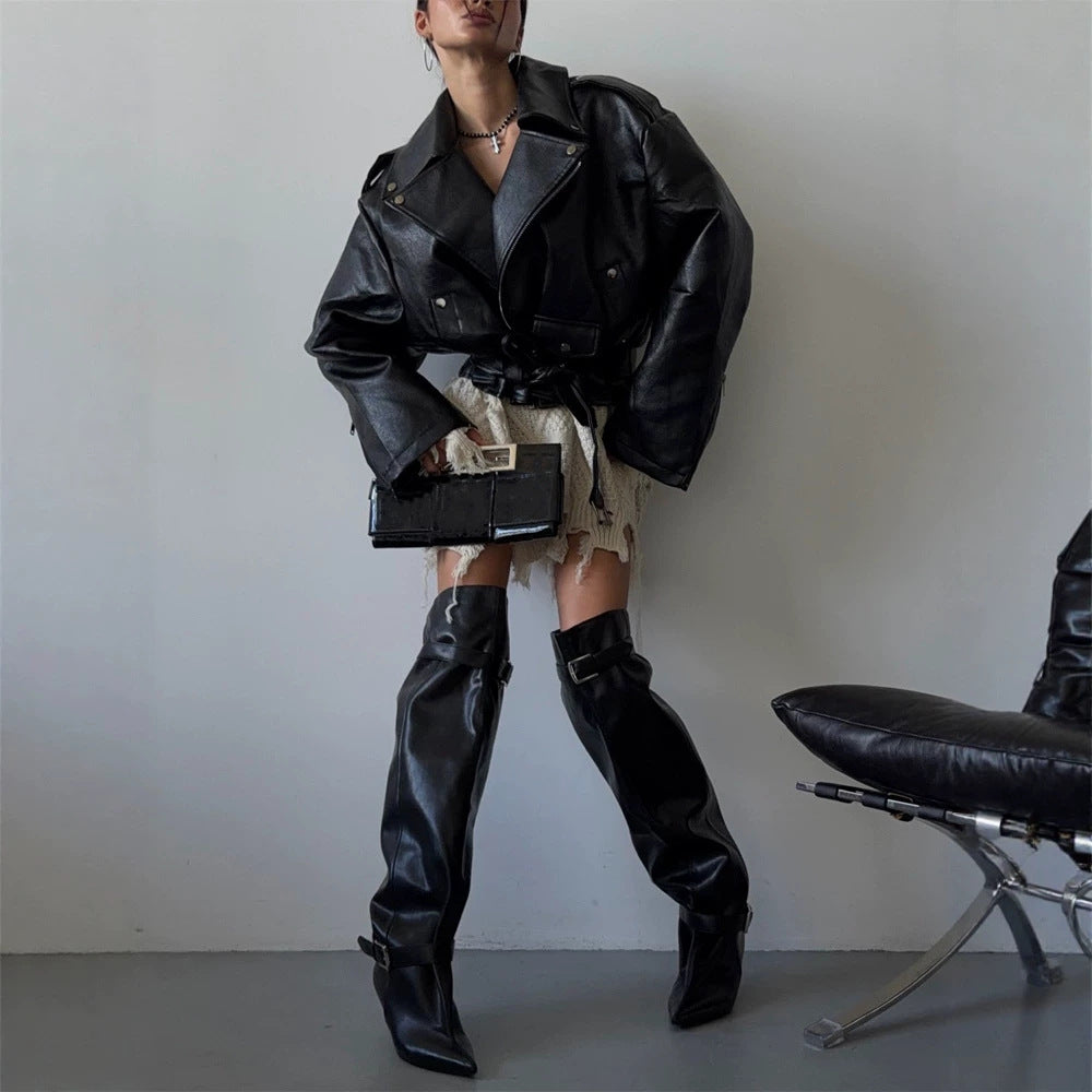 Women's Oversized Biker Jacket made of vegan leather imitation with waist belt & epaulettes Amarae