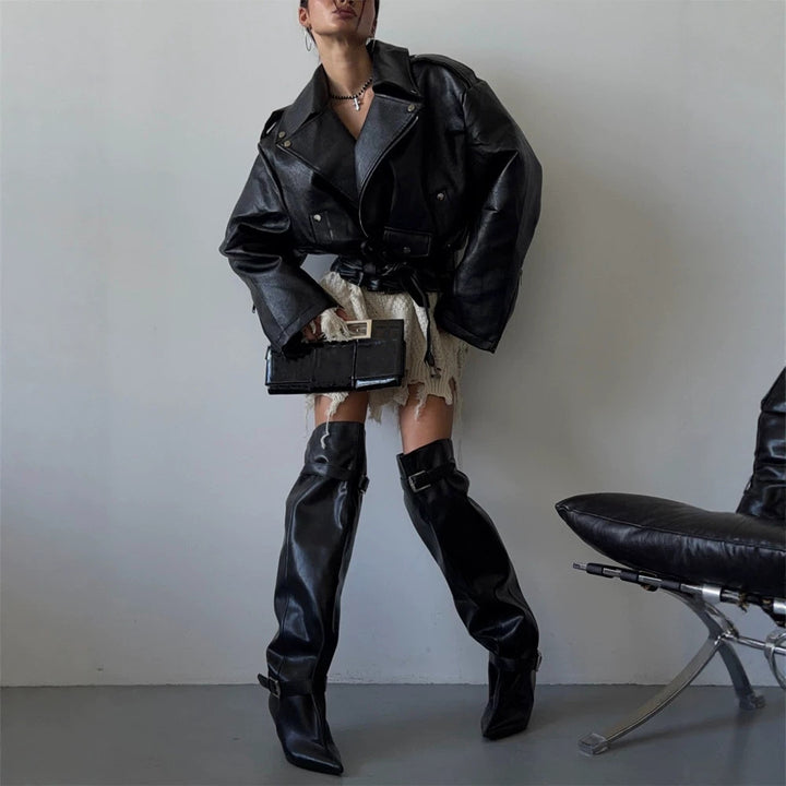 Women's Oversized Biker Jacket made of vegan leather imitation with waist belt & epaulettes Amarae