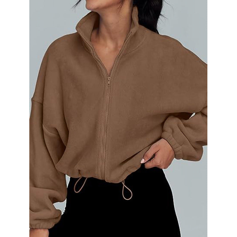 Trendy oversized zip-up pullover for ladies with high collar and drawstring Lune London