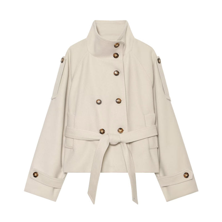 Women Short Double-Breasted Wool Blend Cape Jacket with Stand Collar and Waist Belt Amarae