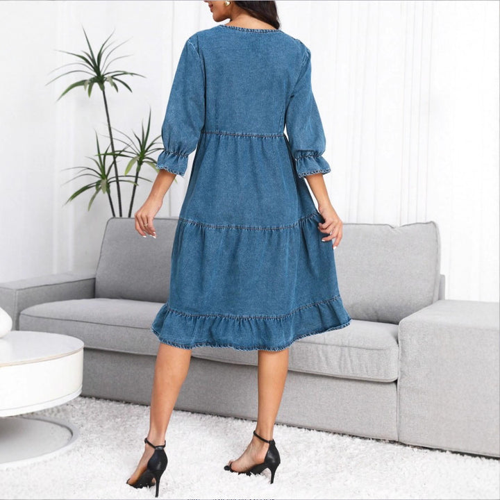 Women's tiered ruffle denim midi dress with elbow-length sleeves and gathered empire waist Amarae