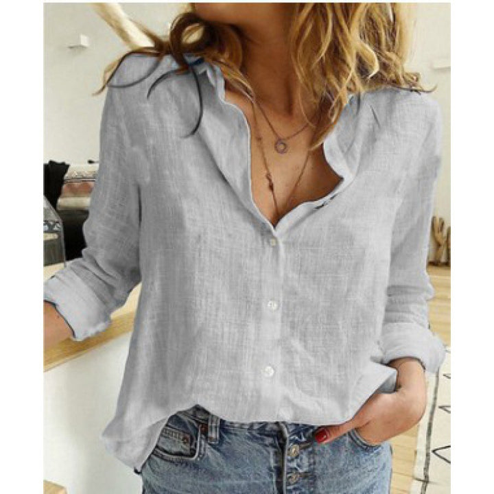 Women's lightweight linen blouse in a casual oversized cut with a step collar and continuous button placket Amarae
