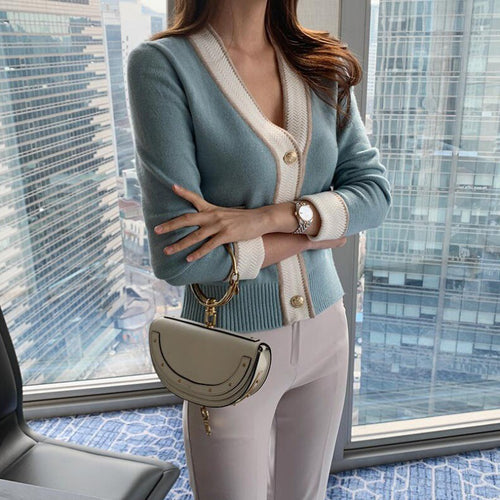 Fashionable women's cardigan with an elegant button design and contrasting stripes Amarae