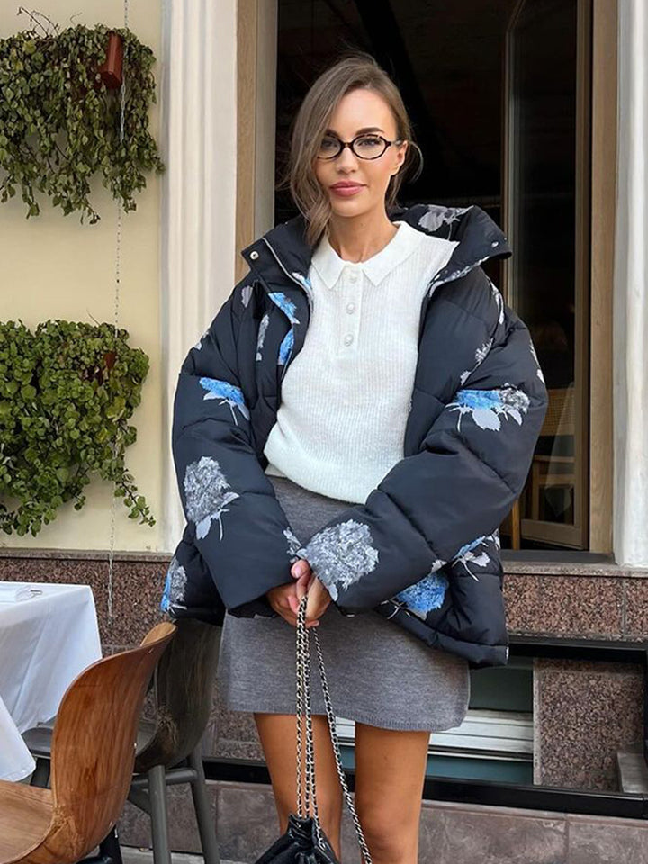 Women Padded Oversized Quilted Jacket with Floral Print and Hood Amarae