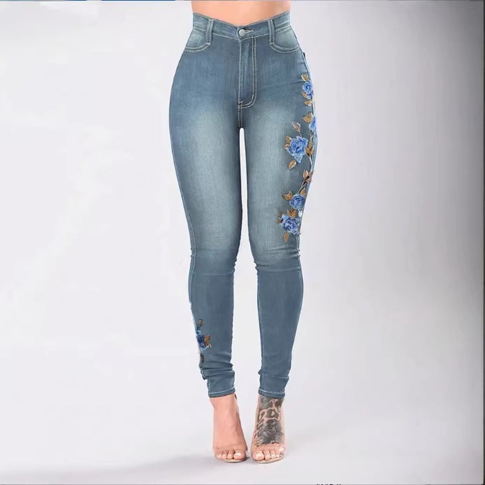Women High-Waisted Sculpting Skinny Jeans with Side Floral Embroidery Amarae