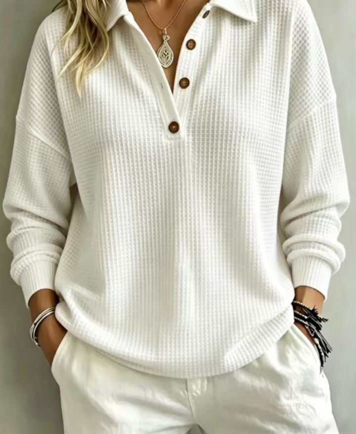 Ladies waffle knit polo with oversized fit, button placket and roll neck look Amarae