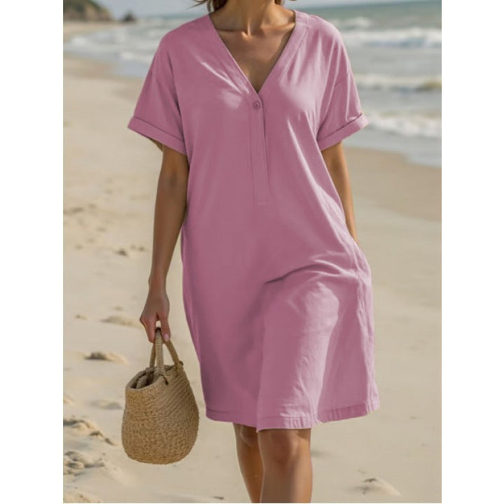 Ladies lightweight summer dress with rolled-up sleeves and a practical button placket Lune London