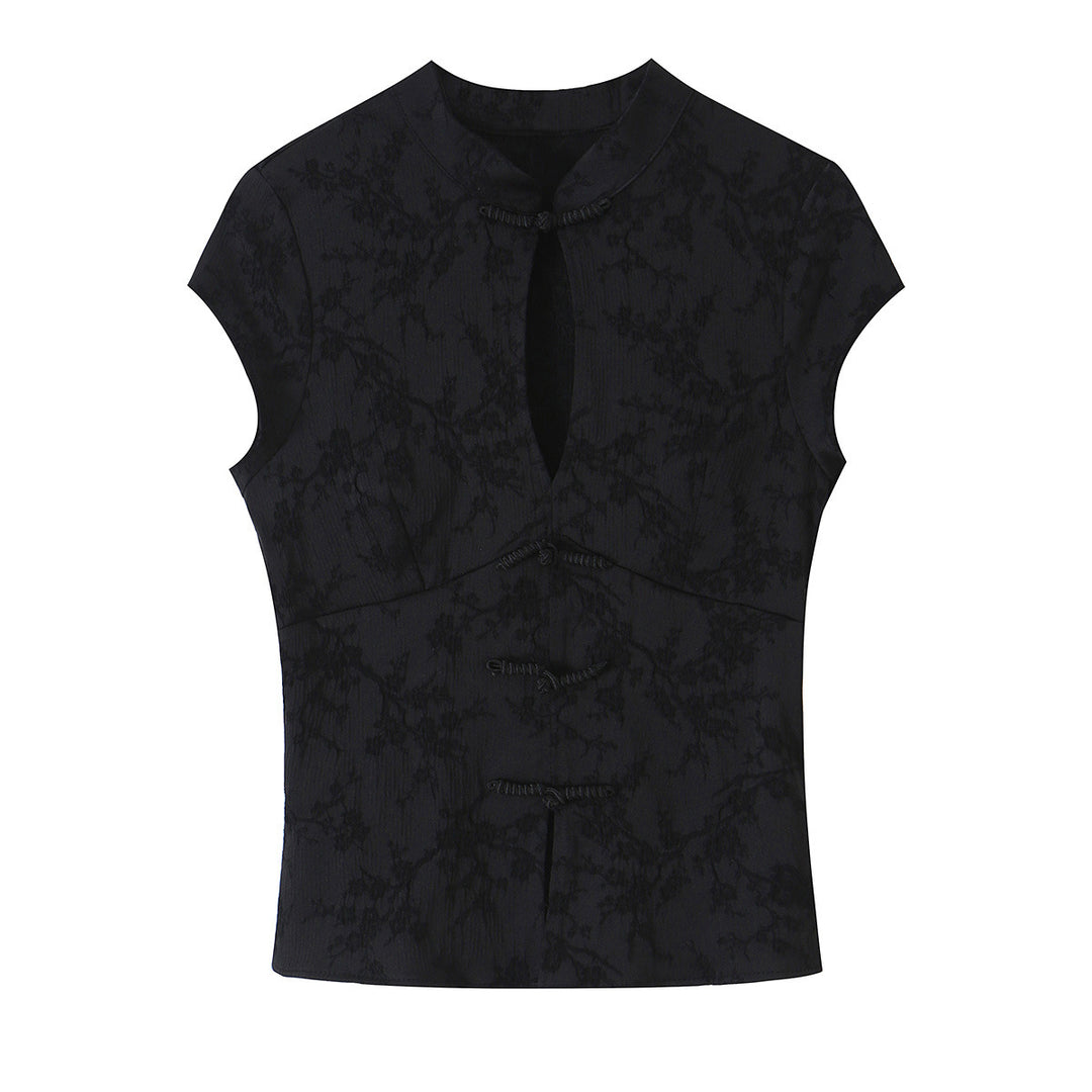 Women's Sleeveless Cheongsam-Inspired Top with Stand Collar and Decorative Button Placket Amarae