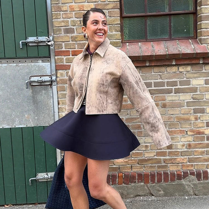 Women's short cut suede jacket in used look with extra long sleeves and two-way zipper Amarae