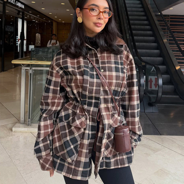 Women Checked Shacket with Waist Drawstring, Flap Pockets & Leather-Look Collar Amarae