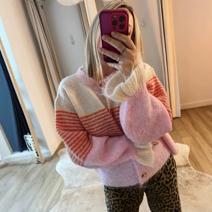 Women's Short Knit Cardigan made of Mohair Blend with Stripes, Button Placket and Balloon Sleeves Amarae