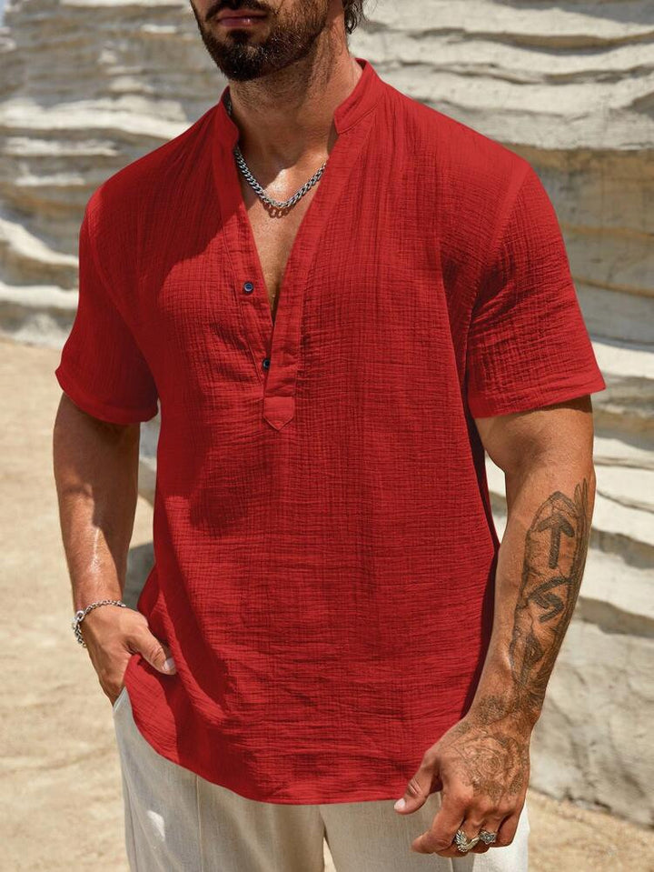 Men's short sleeve Henley shirt with modern stand-up collar in lightweight cotton material Lune London
