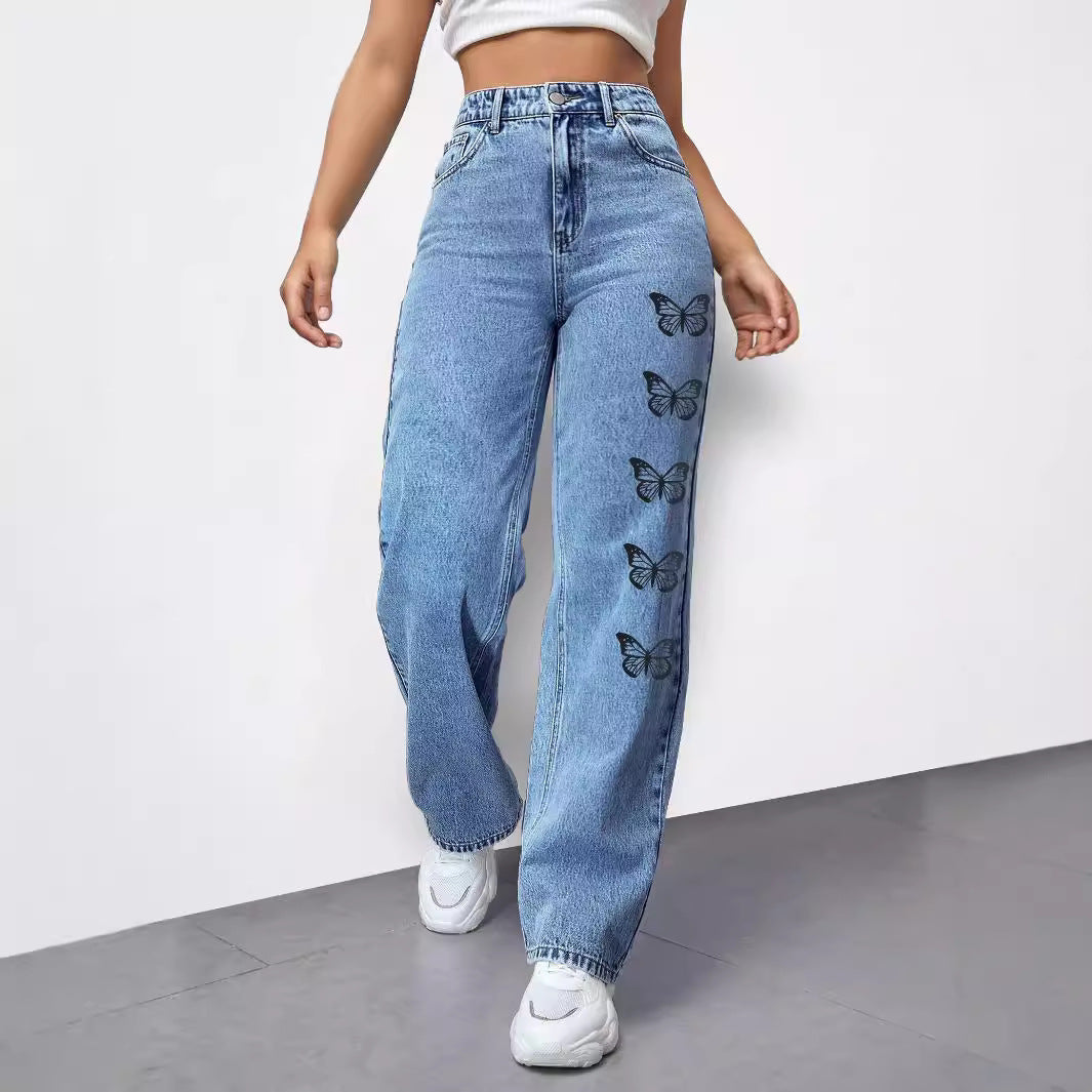 Ladies High-Waist Loose-Fit Denim Pants with Side Butterfly Print Amarae
