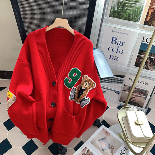 Oversized knitted jacket for women with bear appliqués and large pockets Amarae